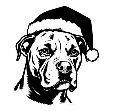 Noel Köpeği Siyah ve Beyaz Çizimde Noel Baba Şapkası Giyiyor