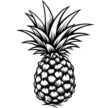 Ayrıntılı Yapraklı Bir Ananas Siyah ve Beyaz Çizimi