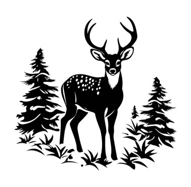 Evergreen Ağaçları ve Bitkilerle çevrili Siyah Geyik Silueti