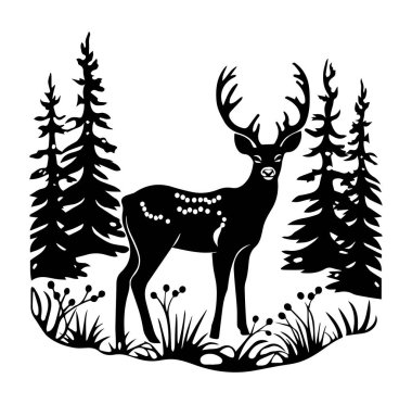 Ormanda ağaçlarla çevrili bir geyiğin zarif silueti.