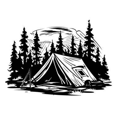 Çam ağaçlarıyla çevrili Siyah ve Beyaz Çadır