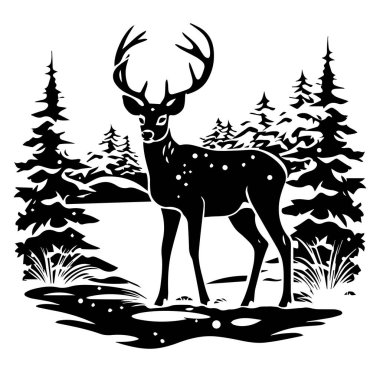 Etrafı çam ağaçları ve suyla çevrili zarif bir geyik silueti.