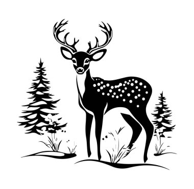Ağaçlar ve Çimlerle çevrili Bir Geyiğin Zarif Siyah Silueti