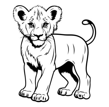 Siyah-Beyaz Çizgi Sanat Biçiminde Oyuncu Aslan Yavrusu Çizimi