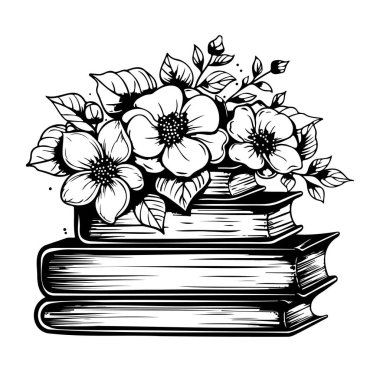 Yığınla Açık Kitap Üzerine Klasik Çiçek İllüstrasyonu