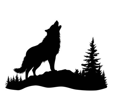 Arka planda Çam Ağaçlarıyla Uluyan Kurt Silueti