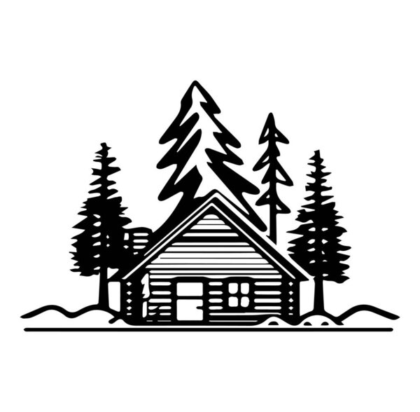 Cozy Cabin Surrounded by Tall Pine Trees in Black Silhouette