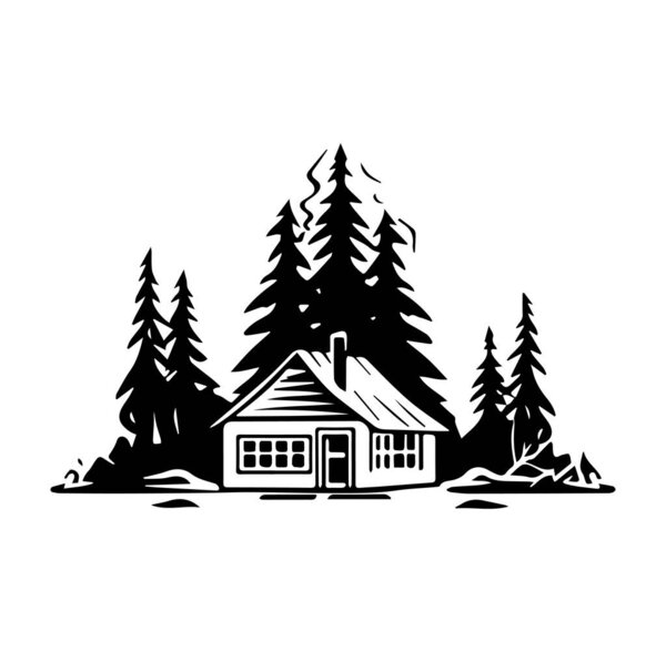 Rustic Cabin Surrounded by Tall Pine Trees and Nature