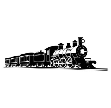 Siyah siluetli tren vagonlarıyla klasik buhar lokomotifi çizimi