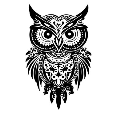 Dekoratif Desenli Karmaşık Siyah ve Beyaz Baykuş Tasarımı