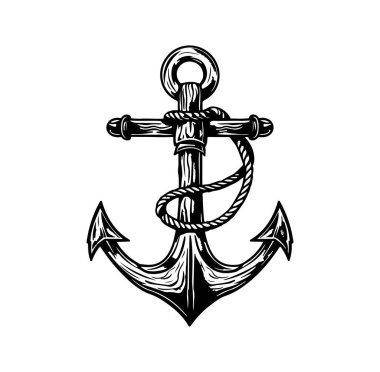 İp Tasarımı İllüstrasyonlu Siyah ve Beyaz Vintage Anchor
