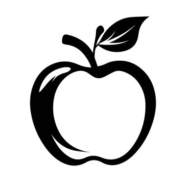 Yapraklı Taze Elmanın Siyah ve Beyaz Silueti