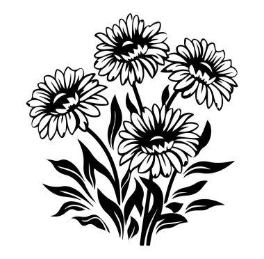 Dört Papatya Çiçekli Siyah ve Beyaz Çiçek Tasarımı