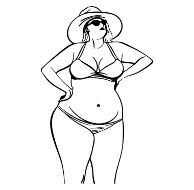 Şapkalı ve güneş gözlüklü, mayolu, kendine güvenen kadın.