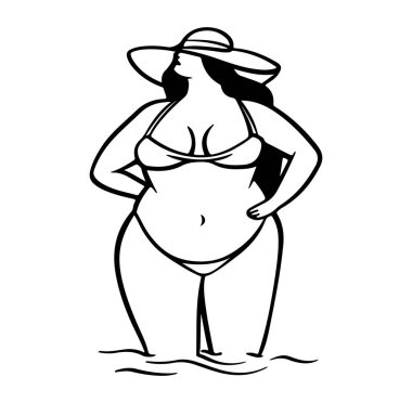 Kumsalda güneş şapkası takan bikinili güzel bir kadın.