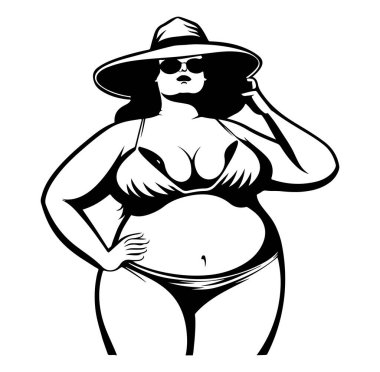 Bikini 'deki kendine güvenen, şapkalı ve güneş gözlüklü kadın.