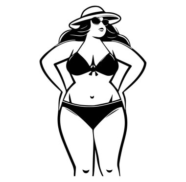 Bikini 'deki kendine güvenen, şapkalı ve güneş gözlüklü kadın.