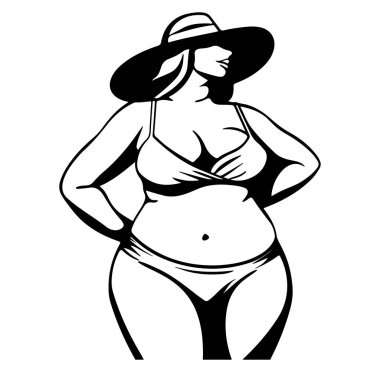 Güneş şapkası ve kendine güveni olan mayo giymiş şık bir kadın.