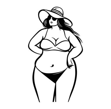 Şapkalı ve güneş gözlüklü, mayo giymiş şık bir kadın.