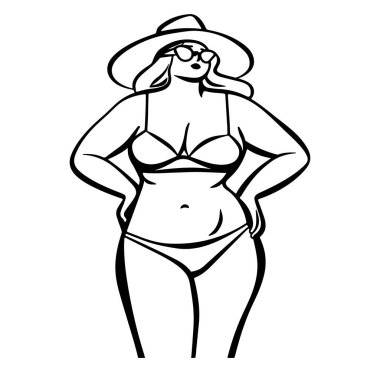 Şapkalı ve güneş gözlüklü, mayolu, kendine güvenen kadın.