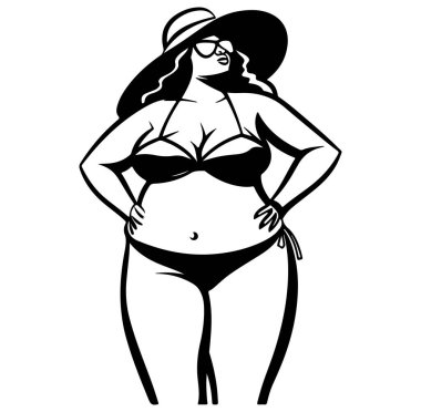Bikini 'de Güneş Şapkalı Kendine Güvenen Büyük Boyutlu Kadın