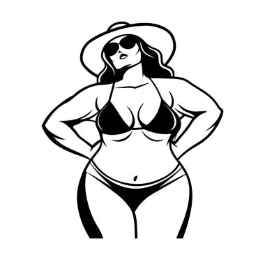 Bikini 'de güneş gözlüklü ve şapkalı kendinden emin bir kadın.