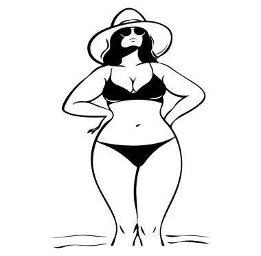 Bikini ve Şapkalı Şık Kadın Suyun Yanında Duruyor