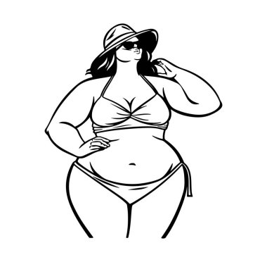 Sahilde şapka ve güneş gözlüğü takan kendine güvenen bikinili bir kadın.