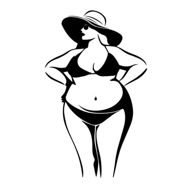 Güneş şapkalı ve güneş gözlüklü Bikini 'li kendine güvenen kadın.