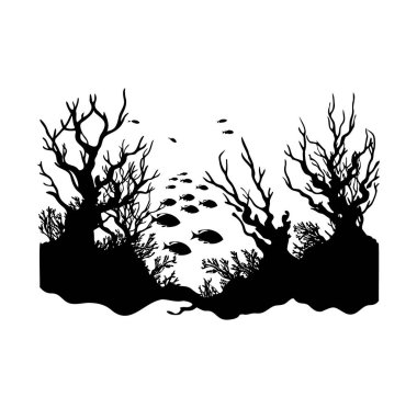 Yüzen Balıklı Sualtı Mercan Resifi Silueti