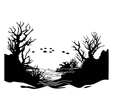 Sualtı Sahnesi 'nin Balık ve Mercanlı Siyah Silueti