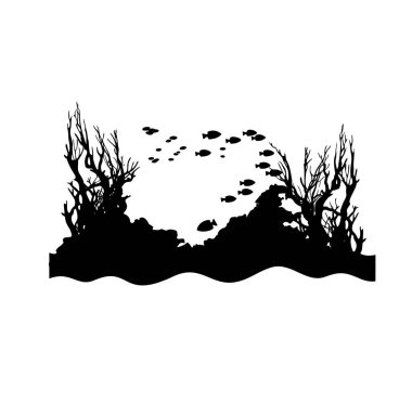 Siyah Giyimli Balık ve Mercan Siluetleriyle Sualtı Sahnesi