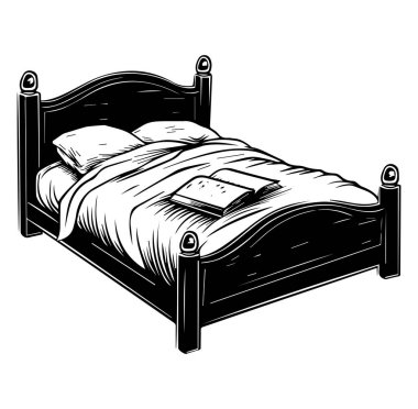 Yumuşak yastıklı ve açık kitaplı rahat, siyah ahşap yatak.