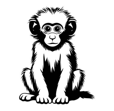 Oturan Maymun Karakterinin Siyah ve Beyaz Çizimi