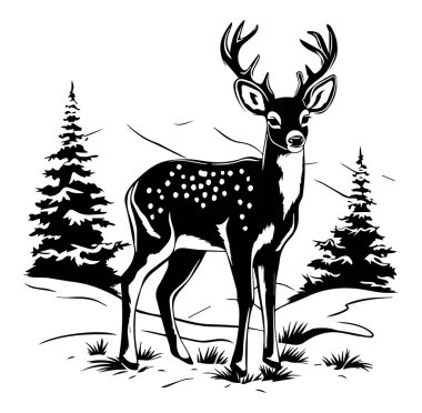 Doğada Görkemli Geyik Çam Ağaçları ve Karla çevrili