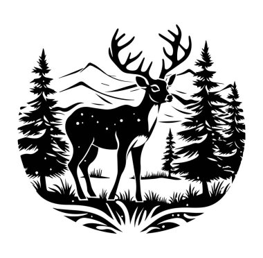 Ormanda Dağların Arkasında Siyah ve Beyaz Geyik