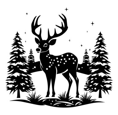 Ormandaki Karlı Ağaçlarla Minimalist Geyik Silueti