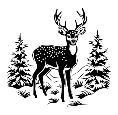 Siyah ve Beyaz Çam Ağaçlarının Arasında Görkemli Geyik Duruyor