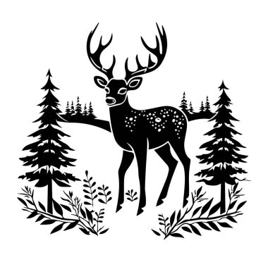 Orman Manzarası Tasarımında Zarif Kara Geyik Silüeti