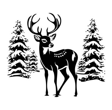 Siyah ve Beyaz Geyik Silueti ve Çam Ağaçları Tasarımı
