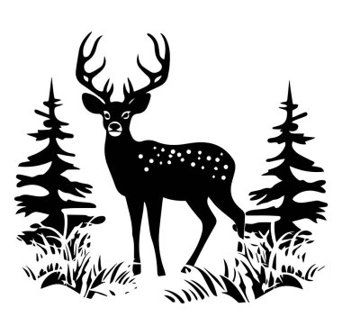 Geyiklerin siyah silueti ağaçların arasında ve çimlerin doğasında