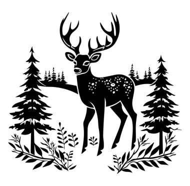 Zarif Geyik Silueti Ağaçlar ve Yapraklarla çevrili