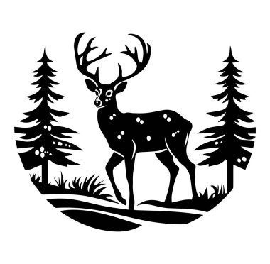 Çam ağaçlarının ve otların arasındaki Geyiğin Siyah Silüeti