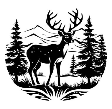 Dağ Manzarasında Çamlarla Görkemli Geyik Silueti