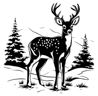 Arka planda Çam Ağaçlı Zarif Siyah ve Beyaz Geyik