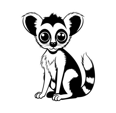 Çizgi Film Tarzı Sevimli Lemur Siyah ve Beyaz Sanatta Oturuyor