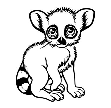 Şirin Lemur, Siyah ve Beyaz Taslak İçinde Büyük Gözlerle Oturuyor