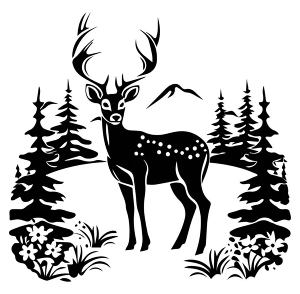 Görkemli Geyik Silueti Çam Ağaçları ve Flora ile çevrili