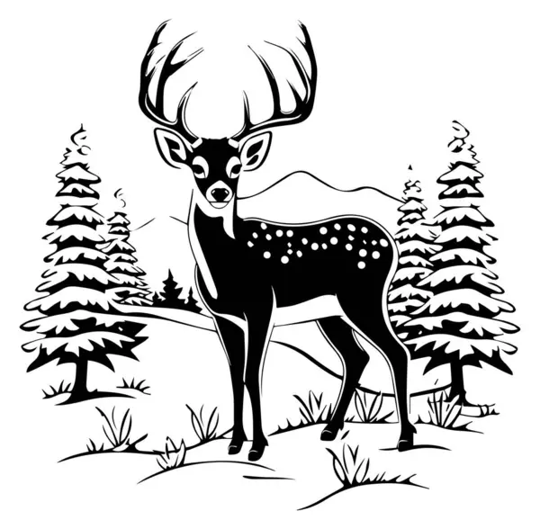 Ormandaki bir geyiğin siyah beyaz çizimi