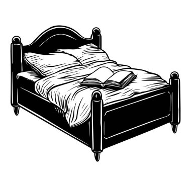 Yumuşak yorgan üzerine açık kitabı olan zarif bir yatak.